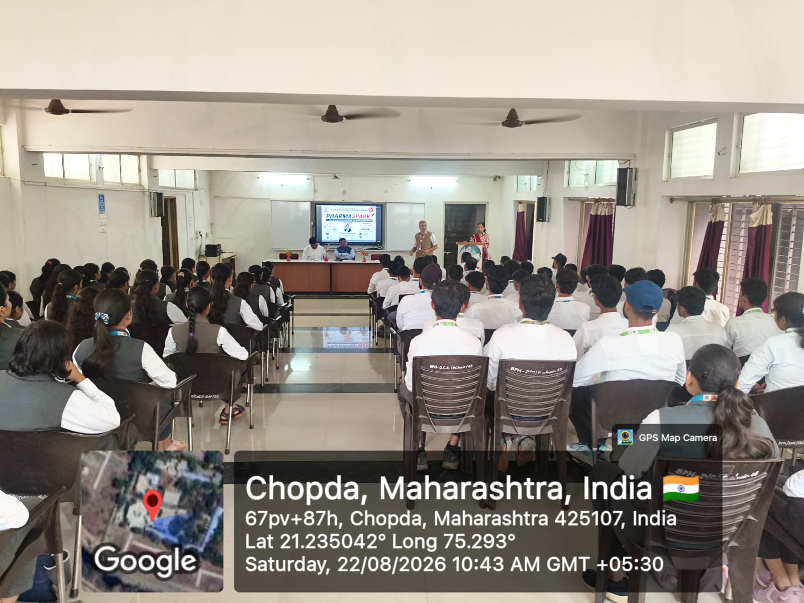 The PHARMA SPARK program on Innovation, Entrepreneurship, and Startup Opportunities was successfully conducted on 22/08/2026 at the Conference Hall, Smt. S.S. Patil College of Pharmacy, Chopda. Organi